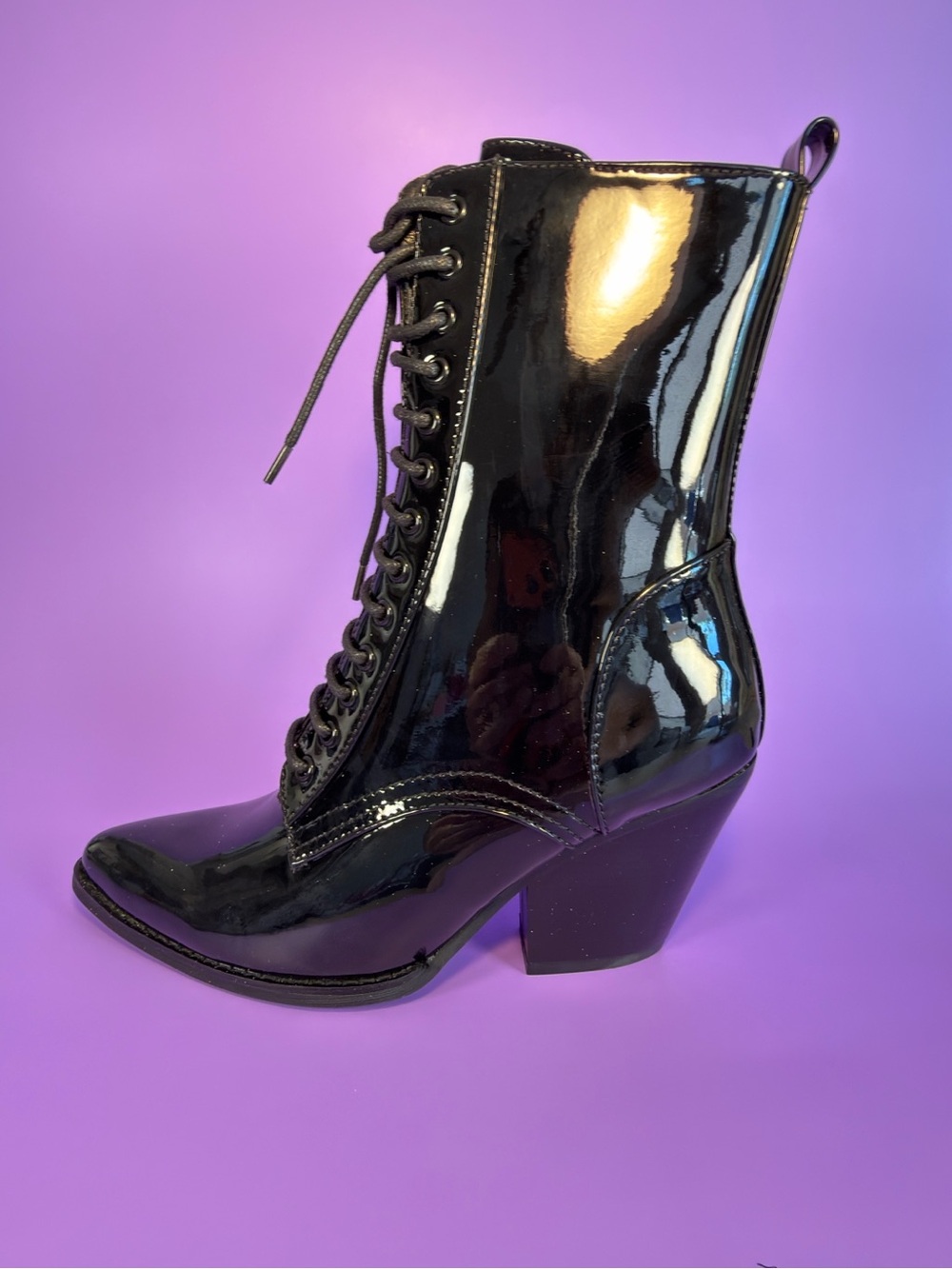 Bello Star Black Patent Goth Lace-Up Ankle Boots - Picture 4 of 8